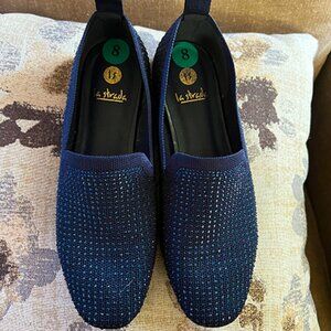 La Strada | Navy Blue, Slip on Flats, Embossed Rhinestone Crystals